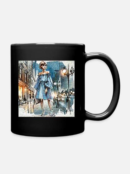 City Lights Chic Fille de Mode En Robe Rayée - Mug uni - noir