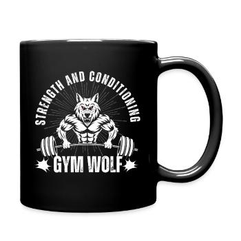 Loup fort avec haltère et slogan de force - Mug uni - noir - Droite