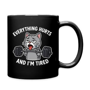 Exhausted Cat Lifting Weights Illustration - Full Colour Mug - black - Right
