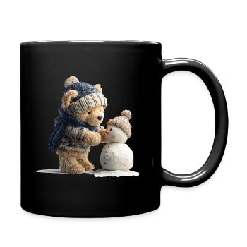 Teddy bear with hat and scarf builds snowman - Full Colour Mug - black - Right