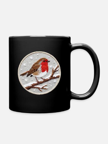 Robin brodé sur une brindille (imprimé) - Mug uni - noir