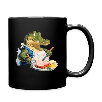Hungry alligator with steak on the plate - Full Colour Mug - black - Right