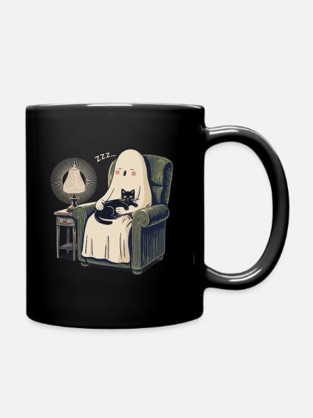 Schlafender Geist und Katze – Gemütliche, gruselige schwarze Katze - Tasse einfarbig - Schwarz