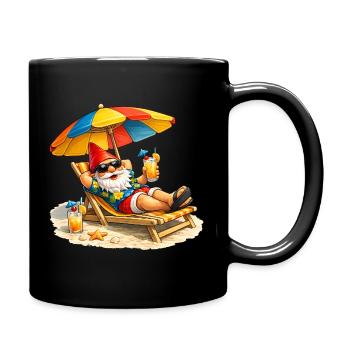 Gartenzwerg im Strandurlaub unter Sonnenschirm - Tasse einfarbig - Schwarz - Rechts