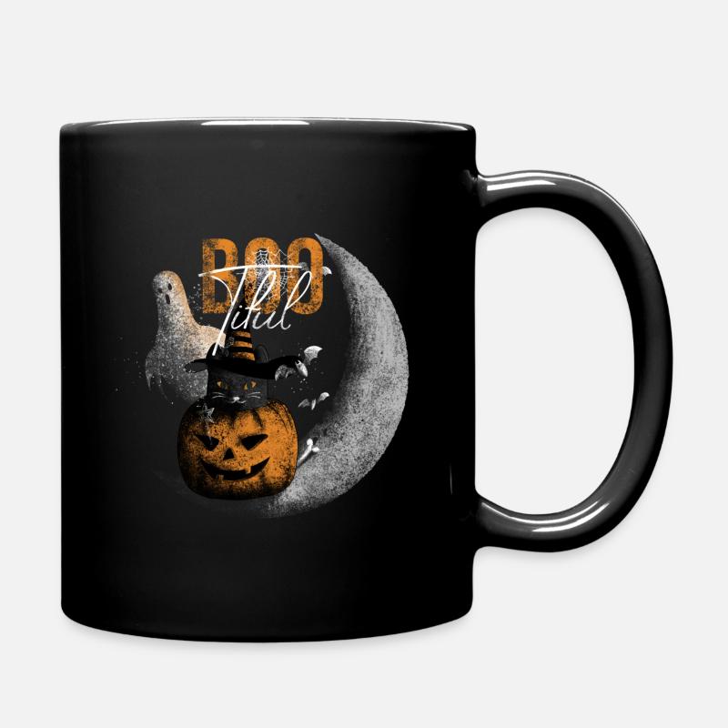 Bootiful Ghost and Black Cat in Crescent Moon - Full Colour Mug - black