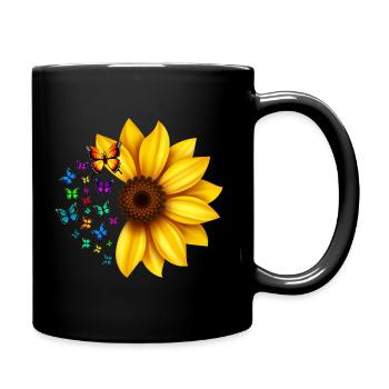 Design mit Sonnenblumen und Schmetterlingen - Tasse einfarbig - Schwarz - Rechts