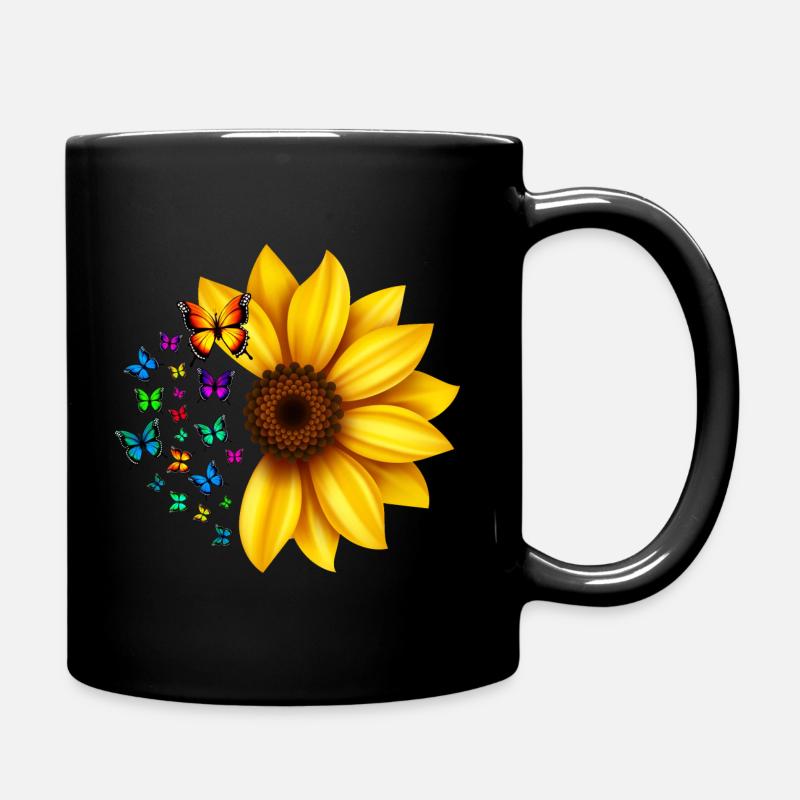 Design mit Sonnenblumen und Schmetterlingen - Tasse einfarbig - Schwarz