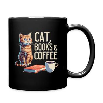 Katze Buch & Kaffee T-Shirt! Tolle Geschenkidee - Tasse einfarbig - Schwarz - Rechts