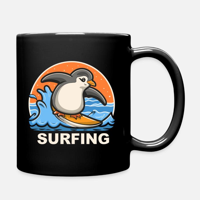 Surfender Pinguin auf Welle - Tasse einfarbig - Schwarz