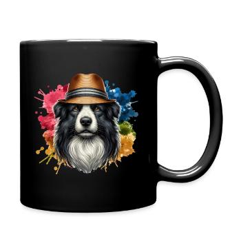 Border Collie Wearing a Straw Hat - Splash Art - Full Colour Mug - black - Right
