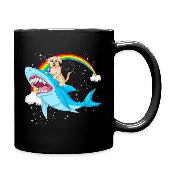 Verspielter Golden Retriever reitet Hai unter Regenbogen - Tasse einfarbig - Schwarz - Rechts