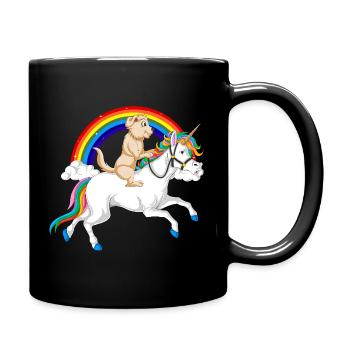 Whimsical Unicorn & golden retriever under Rainbow - Full Colour Mug - black - Right