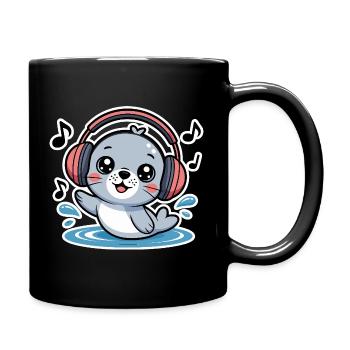 Cute seal with headphones and music notes - Full Colour Mug - black - Right