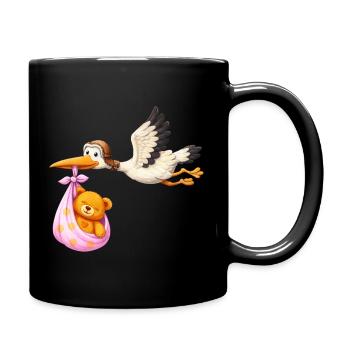 Baby Mädchen Storch mit Teddy im Tuch Geschenk - Tasse einfarbig - Schwarz - Rechts