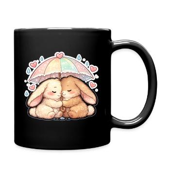 Cuddly rain rabbits under umbrella - Full Colour Mug - black - Right