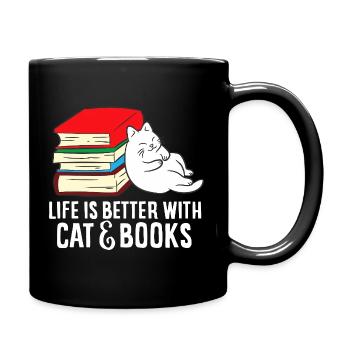 Cat and Books Cozy Stack - Full Colour Mug - black - Right