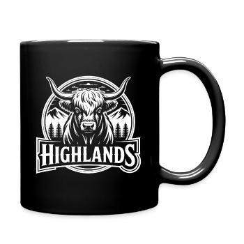 Highlands Kuh mit Berglandschaft - Tasse einfarbig - Schwarz - Rechts