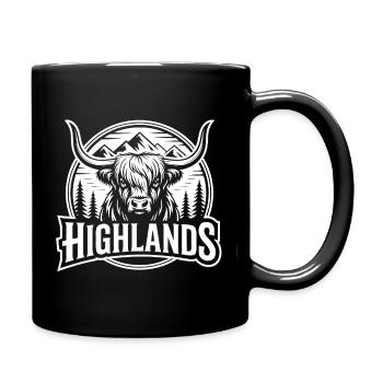 Vache des Highlands devant un paysage montagneux - Mug uni - noir - Droite