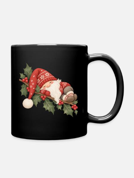 Schlafender Weihnachtswichtel auf Stechpalme - Tasse einfarbig - Schwarz