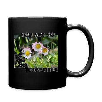 Daisy dreams - Girl on swing among blossoms - Full Colour Mug - black - Right