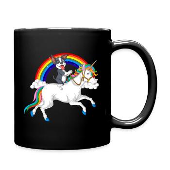Verspielter Boston Terrier Welpe und Regenbogen-Einhorn - Tasse einfarbig - Schwarz - Rechts