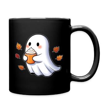 Cute ghost cuddler with autumn leaves - Full Colour Mug - black - Right