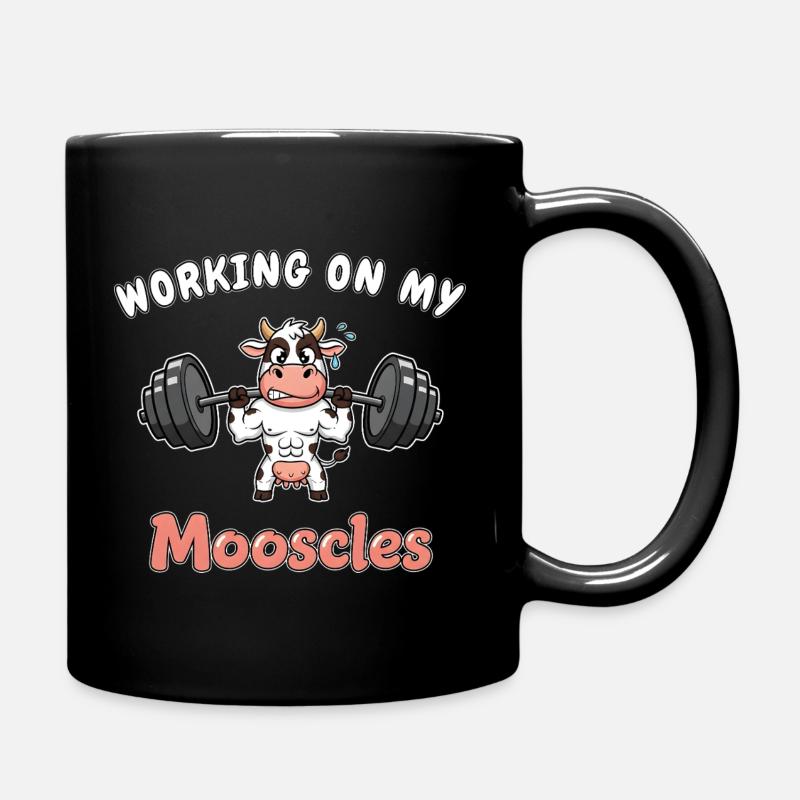 Cow - Working on my Mooscles - Funny Gym Design - Full Colour Mug - black