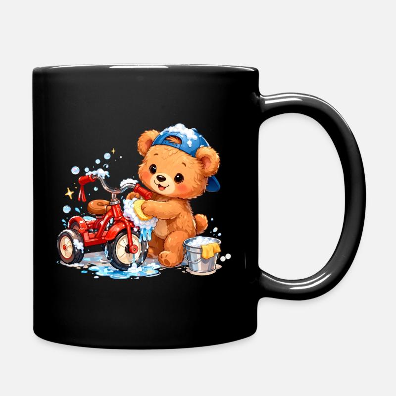 Kinder Shirt Bär putzt Dreirad Frühjahrsputz - Tasse einfarbig - Schwarz