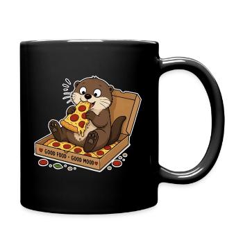 Otter mit Pizza: Snackfreude im Karton - Tasse einfarbig - Schwarz - Rechts