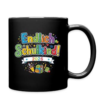 Endlich Schulkind 2026 - bunter Schulstart - Tasse einfarbig - Schwarz - Rechts