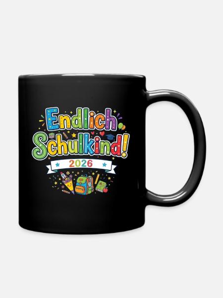 Endlich Schulkind 2026 - bunter Schulstart - Tasse einfarbig - Schwarz