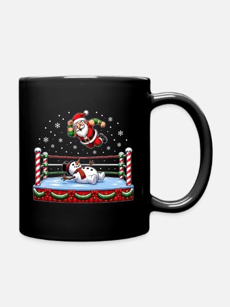Weihnachtsmann-Wrestling mit Schneemann – Lustiges - Tasse einfarbig - Schwarz