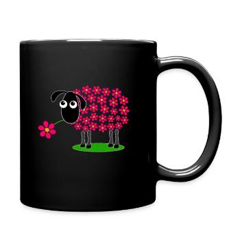 Sheep with flowers bright red instead of wool - gift - Full Colour Mug - black - Right