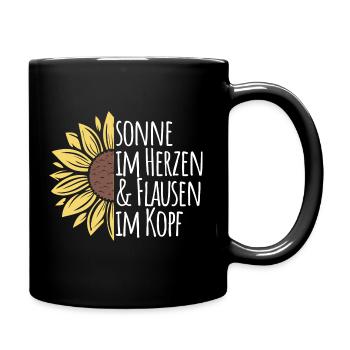 Sonne im Herzen & Flausen im Kopf | Sonnenblume - Tasse einfarbig - Schwarz - Rechts