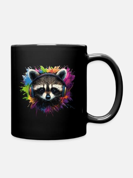 Waschbär Kopfhörer Musik Bunt Tier - Tasse einfarbig - Schwarz