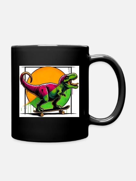 Dinosaur on Skateboard - Full Colour Mug - black