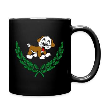 Hund im grünen Lorbeerkranz – Herzlichen Glückwunsch - Tasse einfarbig - Schwarz - Rechts