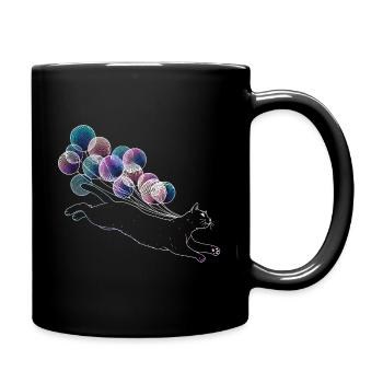 Floating Cat with Colorful Balloons Illustration - Full Colour Mug - black - Right