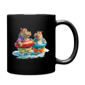 Hippos am Strand mit Schwimmreifen - Tasse einfarbig - Schwarz - Rechts