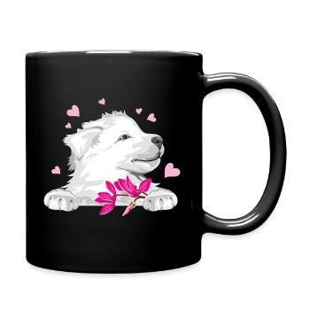 Glücklicher Schweizer Schäferhund mit Blumen und Herzen - Tasse einfarbig - Schwarz - Rechts