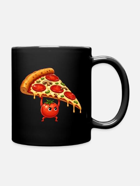 Tomatenheld hebt Pizza-Scheibe - Tasse einfarbig - Schwarz
