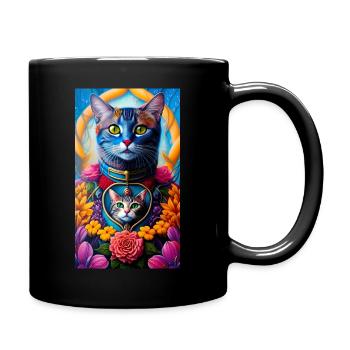 Cat portrait wrapped in flowers - Full Colour Mug - black - Right