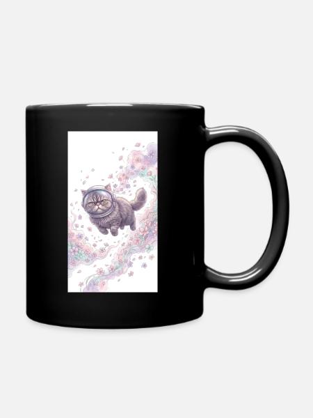 Weltraumkatze im Blumenzauber - Tasse einfarbig - Schwarz