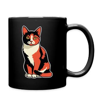 Vintage-Calico-Trikolore-Katzenporträt sitzend - Tasse einfarbig - Schwarz - Rechts