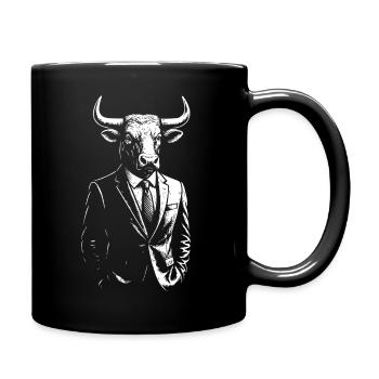 Bulle im Anzug: Kräftiges monochromes Emblem - Tasse einfarbig - Schwarz - Rechts