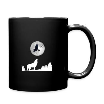 Wolf howls moon and ravens at wolf raven forest - Full Colour Mug - black - Right