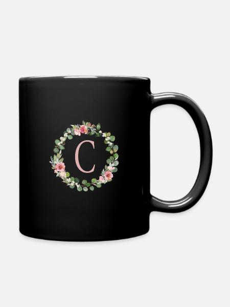 C Monogramm Eukalyptus-Rosen-Kranz - Tasse einfarbig - Schwarz
