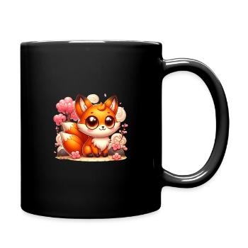 Kawaii Anime Japanischer Fuchs mit Kirschblüten - Tasse einfarbig - Schwarz - Rechts