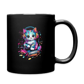 Cute cat with headphones and books - Full Colour Mug - black - Right