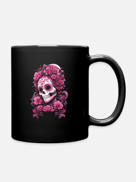 Skull Mexican Muertos Day of the Dead Pink - Full Colour Mug - black